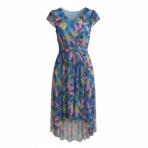 Watercolor Floral High-Low Dress Sheer Overlay Cap Sleeve Chiffon Cottagecore